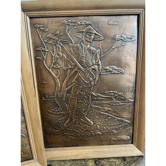 Oriental Pressed Copper Metal Vintage Framed Artwork Asian Man & Woman As Is 70s - Picture 12 of 16